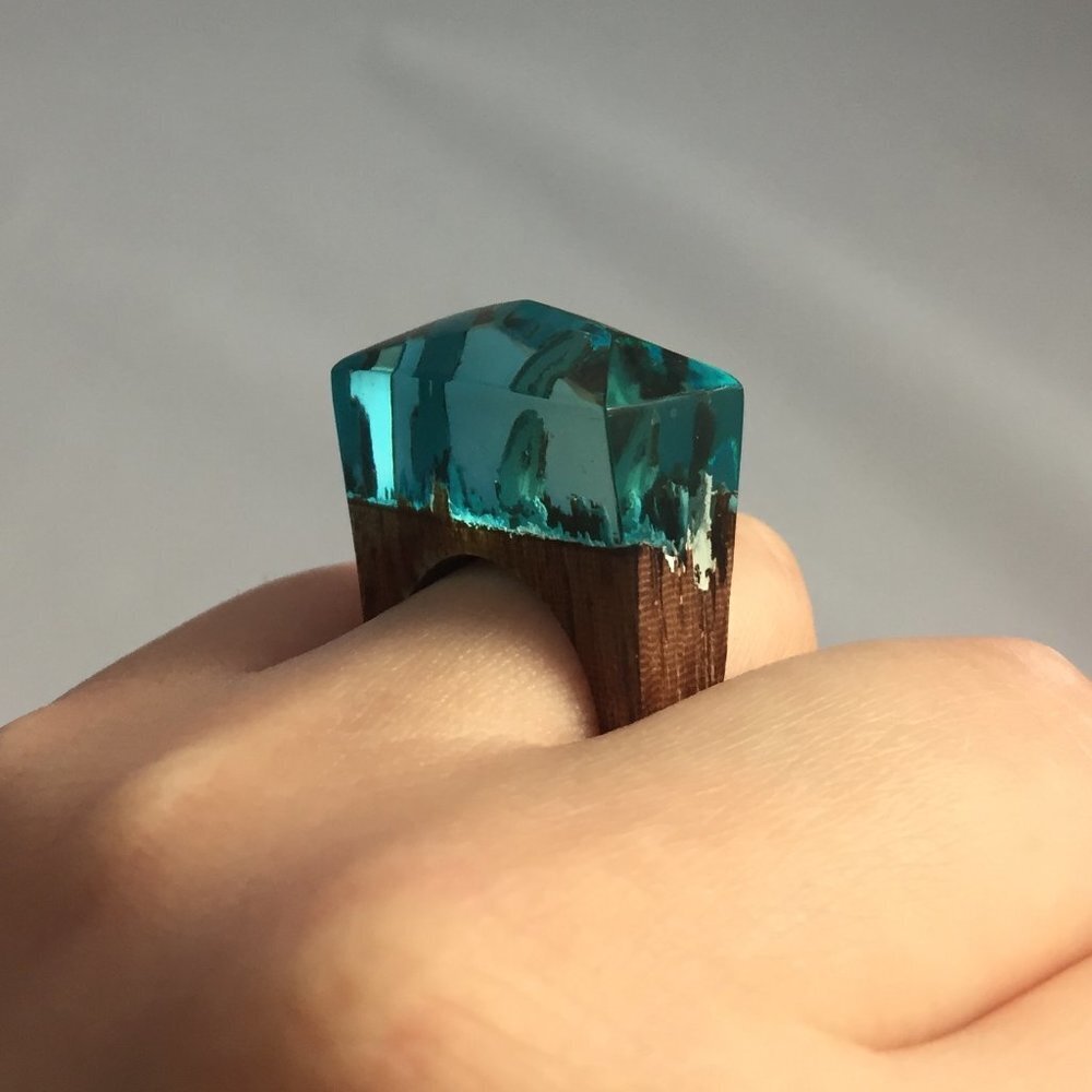 Ring statement wood wooden size 7 blue green modern fashion new